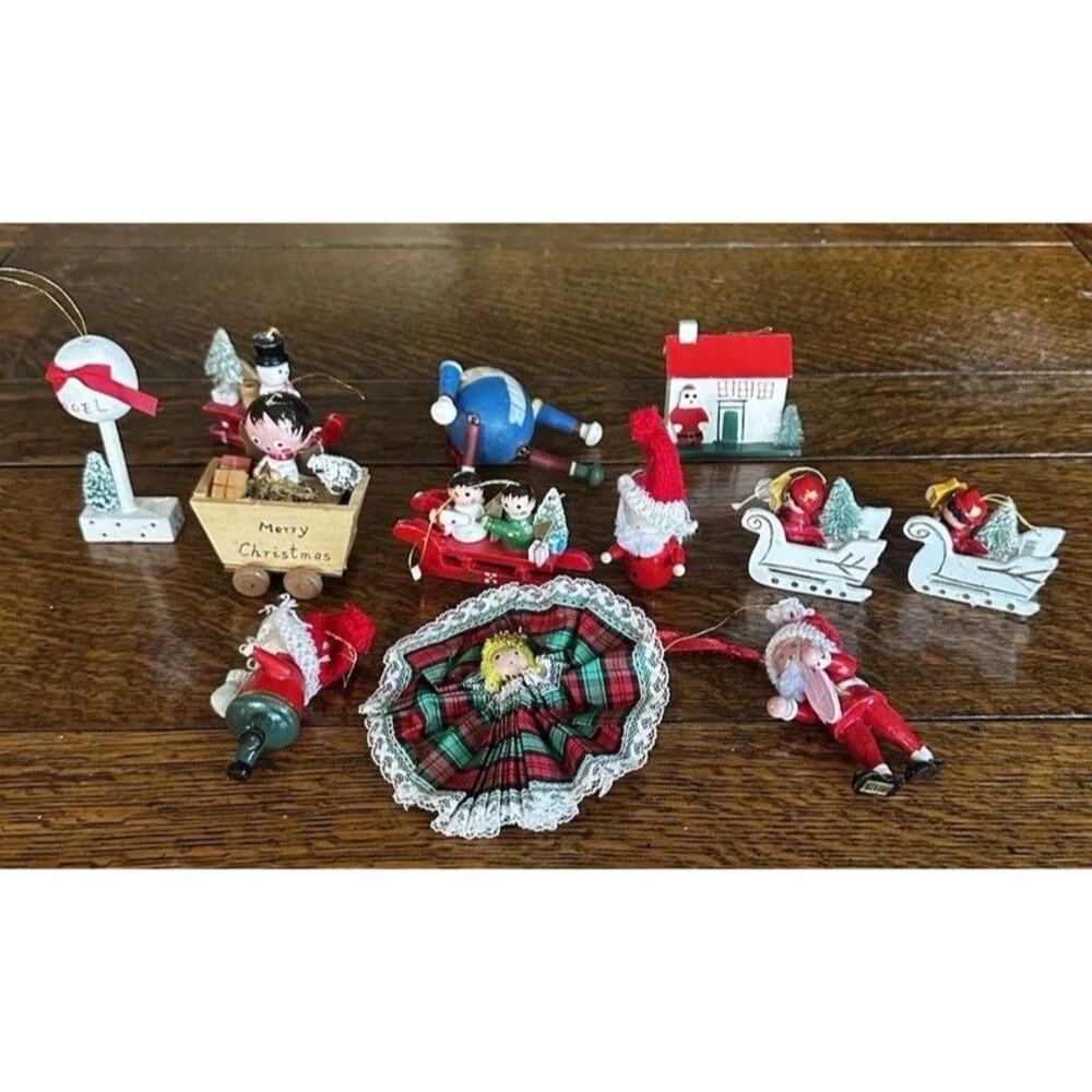 Wooden Christmas Ornaments 12 Hand Crafted Vintage Santa Sleigh And More